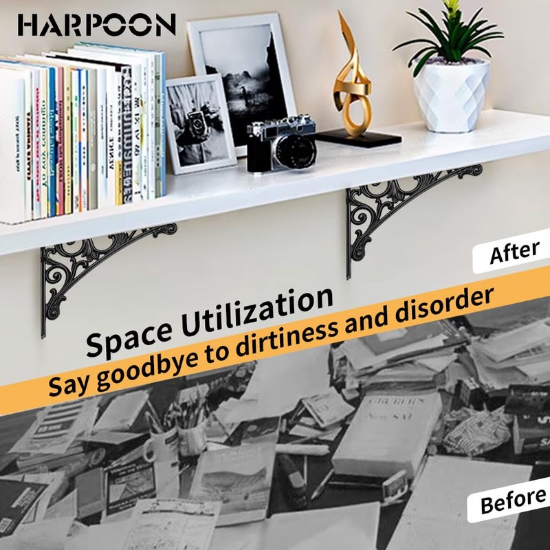HARPOON 8 Inch Shelf Brackets 2 Pack Heavy Duty Wall Bracket Baroque Kitchen Decorative Rack Shelves Black - Image 3